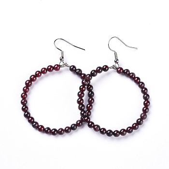 Natural Garnet Dangle Earrings, with Stainless Steel Hook, Ring, 60~61x44mm, Pin: 0.6mm