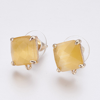 Faceted Glass Stud Earring Findings, with Loop, Light Gold Plated Brass Findings, Square, Gold, 11x10x5mm, Hole: 1mm, Pin: 0.8mm