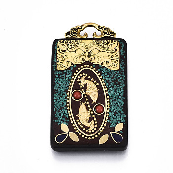 Handmade Indonesia Big Pendants, Wood Settings, with Brass Findings and Alloy Loop, Rectangle with Cyprinoid, Dark Turquoise, 58x33x8mm, Hole: 8x4mm