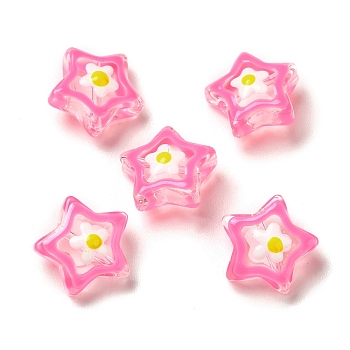 Transparent Glass Beads, with Enamel, Star, Deep Pink, 13x13x7mm, Hole: 1mm