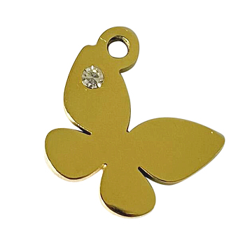 Ion Plating(IP) 304 Stainless Steel Charms, Manual Polishing, with Crystal Rhinestone, butterfly, Golden, 13.5x12x1.5mm, Hole: 1.2mm