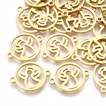 201 Stainless Steel Links, Laser Cut Links, Flat Round with Angel, Golden, 20x15x1mm, Hole: 1.6mm
