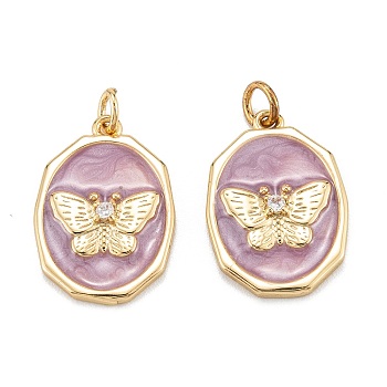 Brass Micro Pave Clear Cubic Zirconia Pendants, with Enamel and Jump Rings, Polygon with Butterfly, Real 18K Gold Plated, 18x12x2.5mm, Hole: 3.5mm