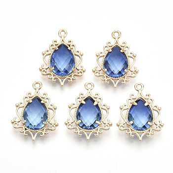 Brass Pendants, with Faceted Glass, Teardrop, Golden, Royal Blue, 25.5x19x6mm, Hole: 1.6mm