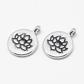 Tibetan Style Alloy Pendants, Flat Round with Lotus, Cadmium Free & Lead Free, Antique Silver, 20x15x4.5mm, Hole: 1.5mm