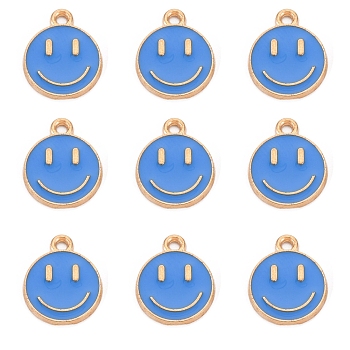 Alloy Enamel Charms, Flat Round with Smiling Face, Royal Blue, 14.5x12x1.5mm, Hole: 1.5mm