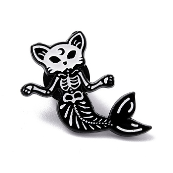 Alloy Enamel Brooches, Enamel Pin, with Clutches, Cat Mermaid, Electrophoresis Black, White, 27x27x9.5mm, Pin: 1.2mm