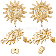 3 Pairs Brass Micro Pave Cubic Zirconia Sun Stud Earring Findings, with Vertical Loops & 6Pcs 304 Stainless Steel Friction Ear Nuts, Golden, 23x20x3mm, Hole: 1.6mm, Pin: 0.7mm(KK-BBC0007-97)