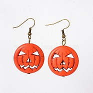 Halloween Pumpkin Jack-O'-Lantern Jack o Lantern Synthetic Turquoise Dangle Earrings, with Brass Earring Hooks, Antique Bronze, 45mm, Pin: 0.7mm(X-EJEW-JE01571-02)