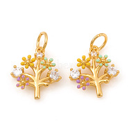 Brass Micro Pave Cubic Zirconia Charms, with Jump Rings and Enamel, Tree, Colorful, Real 18K Gold Plated, 13x12x2.5mm, Jump Ring: 5x0.7mm, Hole: 3.5mm(KK-I672-44G)