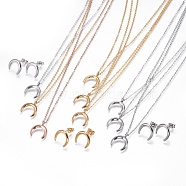 304 Stainless Steel Jewelry Sets, Tiered Necklaces and Stud Earrings, Crescent Moon, Mixed Color, 14.6 inch(37.1cm), 1mm, 14.5x13x2mm, Pin: 0.9mm(SJEW-F204-11)