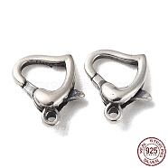 925 Thailand Sterling Silver Lobster Claw Clasps, Heart, with 925 Stamp, Antique Silver, 12x9x3.5mm, Hole: 1.2mm(STER-D003-57AS)