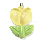 Translucent Resin Pendants, Flower Charms, with Platinum Tone Iron Loops, Champagne Yellow, 37x24x9mm, Hole: 1.6mm(RESI-G078-01E)