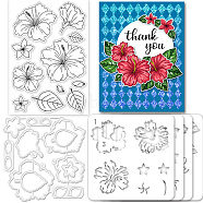 1 Sheet PVC Plastic Stamps with 1Pc Carbon Steel Cutting Dies Stencils and 1 Set PET Drawing Painting Stencils, for DIY Scrapbooking, Photo Album, Cards Making, Hibiscus, Flower Pattern, 160x110x3mm(DIY-GL0009-04)