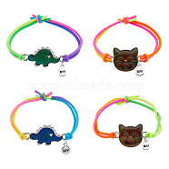 FIBLOOM 4Pcs 4 Style Cat & Dinosaur Alloy Link Bracelets Set with Rubber, Polyester Cord Adjustable Bracelets for Best Friends, Mixed Color, Inner Diameter: 2 inch(5cm), 1Pc/style(BJEW-FI0001-55)