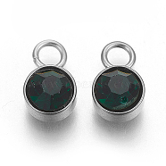 Glass Rhinestone Charms, Birthstone Charms, with Stainless Steel Color Tone 201 Stainless Steel Findings, Flat Round, Emerald, 10x6x5mm, Hole: 2mm(STAS-F189-P03)