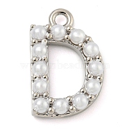 Plastic Imitation Pearl Pendants, with Eco-friendly Brass Findings, Lead Free & Cadmium Free, Letter Charms, Letter D, 13.5x8.5x3mm, Hole: 1.4mm(KK-P230-17P-D)