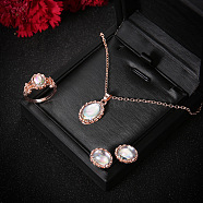 Oval Alloy & Natural Moonstone Pendant Necklaces & Stud Earrings & Rings Sets, Rose Gold, 480mm(FS-WG10CC3-01)