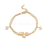 Crystal Rhinestone Heart and Word Love Charm Bracelet with 304 Stainless Steel Chains for Women, Golden, 7-1/4 inch(18.5cm)(STAS-P304-15G)
