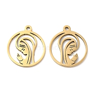 201 Stainless Steel Pendants, Hollow, Flat Round with Woman Charm, Golden, 17.5x15x1mm, Hole: 1.4mm(STAS-A084-01G)