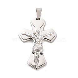 Non-Tarnish 304 Stainless Steel Pendants, Cross with Jesus Charm, Religion, Stainless Steel Color, 44.5x30.5x5.8mm, Hole: 8x4.5mm(STAS-Z080-03P)