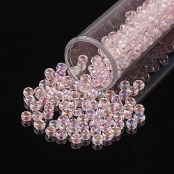 8/0 Grade A Round Glass Seed Beads, Transparent Inside Colours, AB Color Plated, Lavender Blush, 3x2mm, Hole: 1mm, about 10000pcs/pound(SEED-N002-E-307)