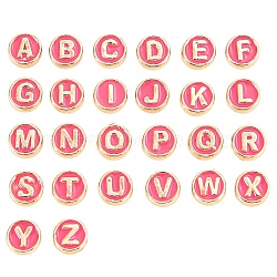 Alloy Enamel Beads, Flat Round with Letter, Light Gold, Hot Pink, 8x3.5mm, Hole: 1.4mm, 100pcs/bag(ENAM-CJC0008-02B)