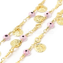 Glass Flat Round with Enamel Evil Eye Beaded Chains, with Real 18K Gold Plated Brass Coin Charms Chains Link Chain, Lead Free & Cadmium Free, Soldered, with Spool, Pearl Pink, 19x6x3mm, 13x5x1mm(CHC-G017-23G-04)