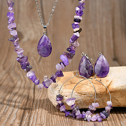 Bohemian Style Natural Amethyst Teardrop Pendant Necklaces & Chip Beaded Necklaces & Hoop Earrings & Dangle Earrings Sets, 470mm(WG11994-01)