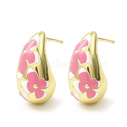 Teardrop with Flower Real 18K Gold Plated Brass Enamel Stud Earrings, Long-Lasting Plated, Lead Free & Cadmium Free, Hot Pink, 21x11mm(EJEW-L270-013G-04)