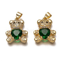 Brass Micro Pave Cubic Zirconia Pendants, Long-Lasting Plated, Real 18K Gold Plated, Inlay Bear Shape, Green, 19.5x16x5.5mm, Hole: 3.5X4mm(ZIRC-B002-01G-A)