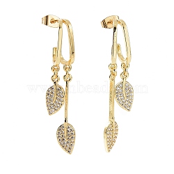 Clear Cubic Zirconia Leaf Dangle Stud Earrings, Brass Jewelry for Women, Real 18K Gold Plated, 48mm, Pin: 0.7mm(EJEW-C008-24G)
