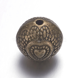 Tibetan Style Alloy Beads, Lead Free & Nickel Free & Cadmium Free, Round with Heart, Antique Bronze, Size: about 10mm in diameter, 8mm thick, Hole: 1.5mm(X-MAB5825Y-NF)