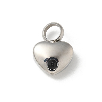 304 Stainless Steel Rhinestone Pendants, Heart, Stainless Steel Color, Jet, 16.5x12.5x6mm, Hole: 5mm