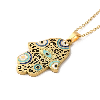 304 Stainless Steel Enamel Pendant Necklaces, Hamsa Hand with Evil Eye, Golden, 16.02 inch(40.7cm)