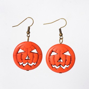 Halloween Pumpkin Jack-O'-Lantern Jack o Lantern Synthetic Turquoise Dangle Earrings, with Brass Earring Hooks, Antique Bronze, 45mm, Pin: 0.7mm