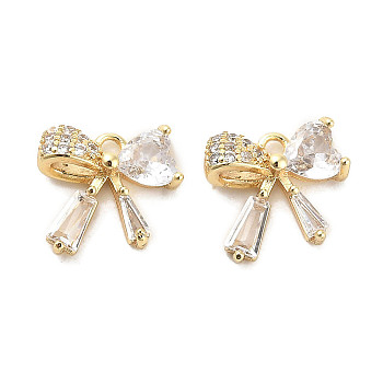 Brass Micro Pave Clear Cubic Zirconia Pendants, with Glass, Bowknot, Real 18K Gold Plated, 12x12.5x4.5mm, Hole: 1.5mm
