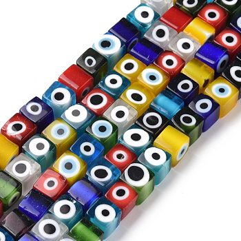 Handmade Lampwork Beads, Cube with Evil Eye, Mixed Color, 7.5x7.5x7.5mm, Hole: 1mm, about 48pcs/strand, 14.37''(36.5cm)