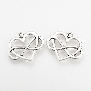 Tibetan Style Alloy Pendants, Heart and Infinity, Polyamory Charm, Cadmium Free & Nickel Free & Lead Free, Antique Silver, 22x27x2mm, Hole: 1.5mm