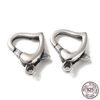 925 Thailand Sterling Silver Lobster Claw Clasps, Heart, with 925 Stamp, Antique Silver, 12x9x3.5mm, Hole: 1.2mm