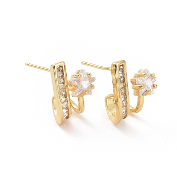 Clear Cubic Zirconia Star Stud Earrings, Brass Jewelry for Women, Golden, 15x12mm, Pin: 0.8mm