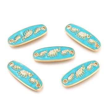 Brass Micro Pave Clear Cubic Zirconia Links Connectors, Long-Lasting Plated, with Jump Rings & Enamel, Real 18K Gold Plated, Oval with 3 Elephant, Turquoise, 11x30x3.5mm, Hole: 2mm