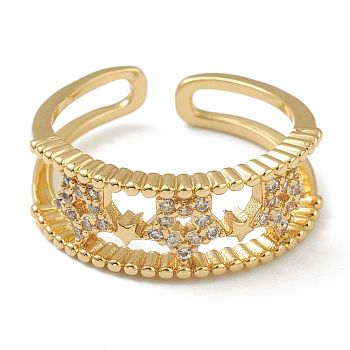 Brass Micro Pave Clear Cubic Zirconia Cuff Rings, Open Rings, Star, Golden, US Size 7 1/4(17.5mm)