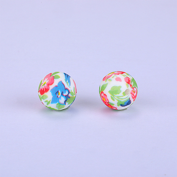 Printed Round with Flower Pattern Silicone Focal Beads, Colorful, 15x15mm, Hole: 2mm