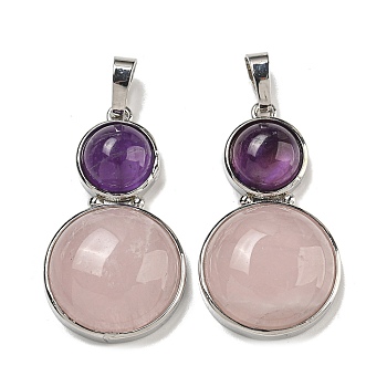 Natural Rose Quartz & Natural Amethyst Pendants, Gourd Charms, with Rack Plating Platinum Tone Brass Findings, Cadmium Free & Lead Free, 35x19.5x7.5mm, Hole: 8x5mm