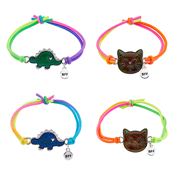 FIBLOOM 4Pcs 4 Style Cat & Dinosaur Alloy Link Bracelets Set with Rubber, Polyester Cord Adjustable Bracelets for Best Friends, Mixed Color, Inner Diameter: 2 inch(5cm), 1Pc/style