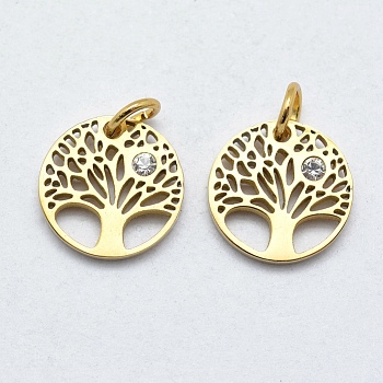 316 Surgical Stainless Steel Pendants, with Cubic Zirconia, Flat Round with Tree, Clear, Real 18K Gold Plated, 12x2mm, Hole: 3mm