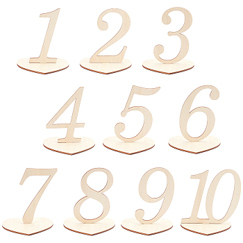 Wood Table Numbers, with Holder Base, Perfect for Wedding, Party, Events or Catering Decoration, Number 1~10, Bisque, 98~100x48.5~108x3mm, 10pcs, Base: 80x90x3, 10pcs, 20pcs/set