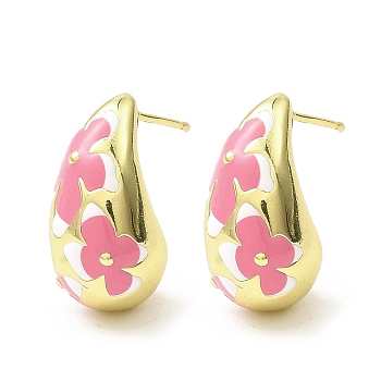 Teardrop with Flower Real 18K Gold Plated Brass Enamel Stud Earrings, Long-Lasting Plated, Lead Free & Cadmium Free, Hot Pink, 21x11mm