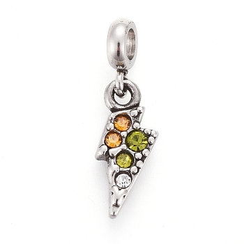 304 Stainless Steel Pendants, with Rhinestone and Tube Bails, Lightning, Mixed Color, Antique Silver, 17mm, Pendant: 11.7x5x2mm, Hole: 2.5mm